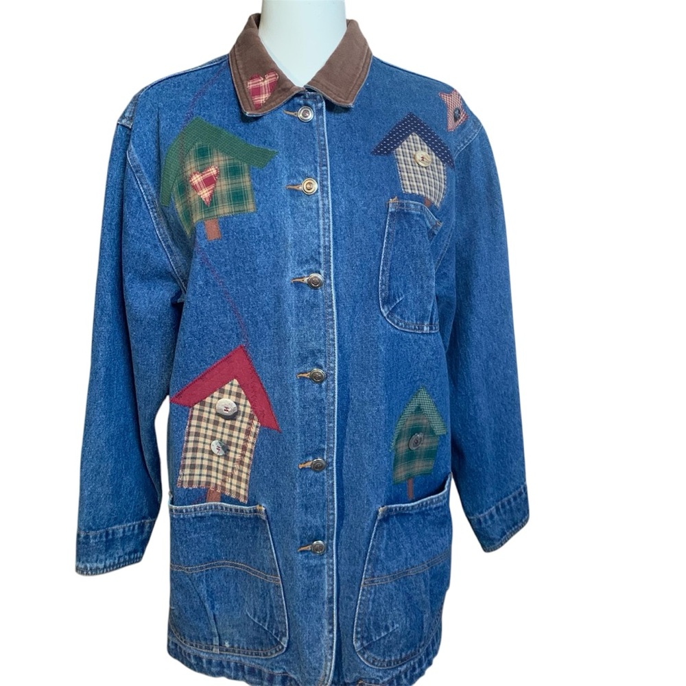 Women’s Denim Jean Jacket, Birdhouse Print, Size Medium